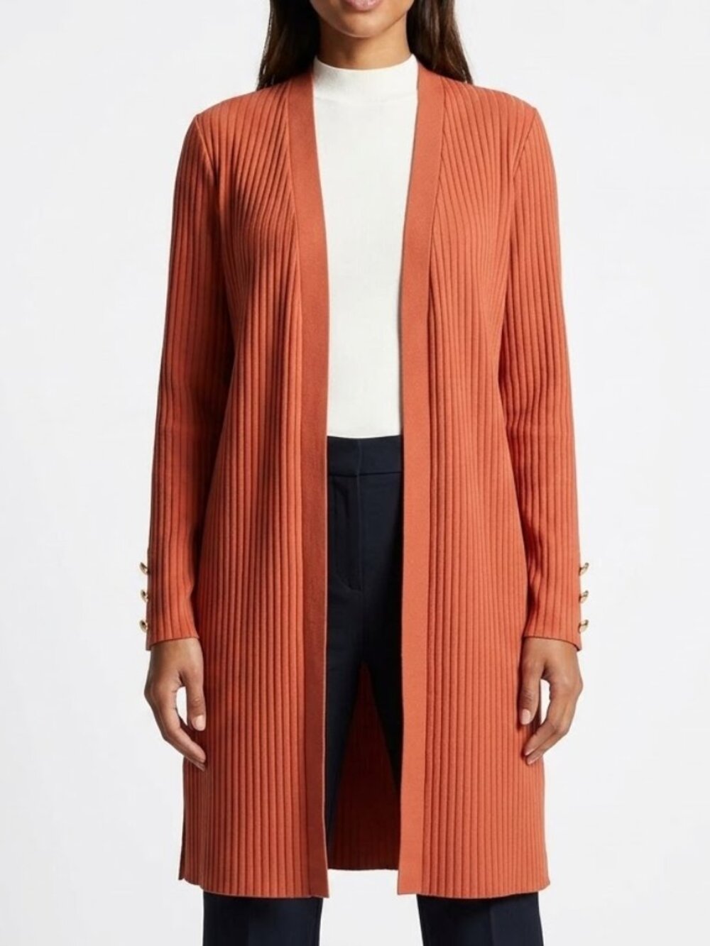 Marc New York Earthy Rust Ribbed Longline Duster Cardigan Gold Cuff Buttons XS